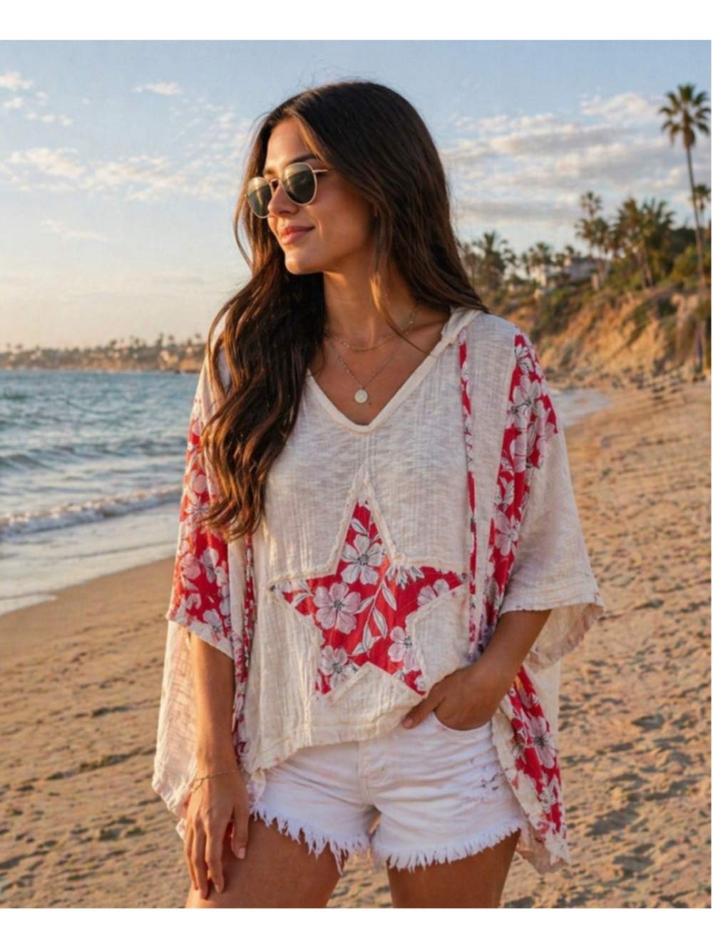 Women's POL Beachy Summer Off-White & Red Floral Star Hoodie M - Picture 2 of 6